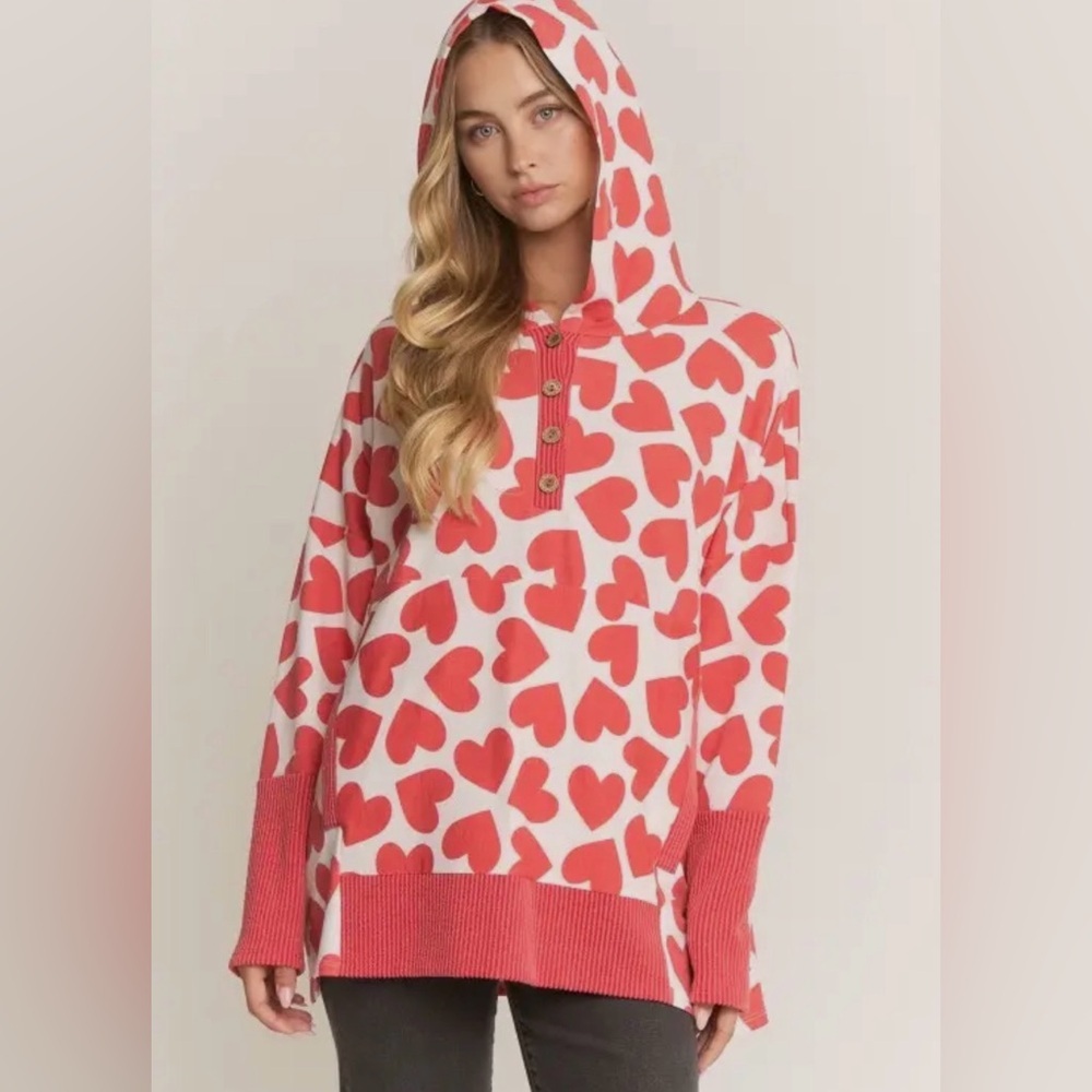 New Heimish hoodie top hearts red long sleeves sz S M L